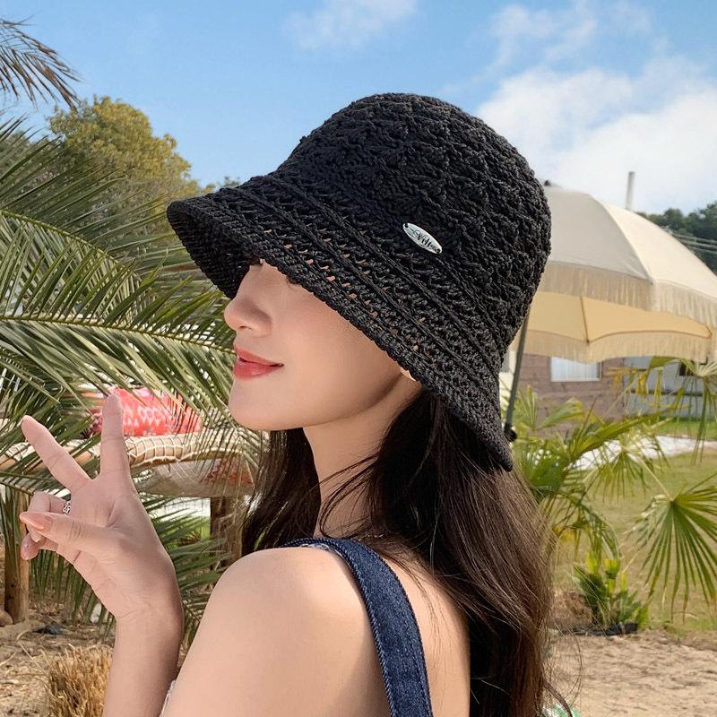 Hat Women'S Knitted Basin Hat Summer Sunscreen Visor Hat Hollowed Out And Breathable, Split Fork Bucket Hat Fashionable And Small Face