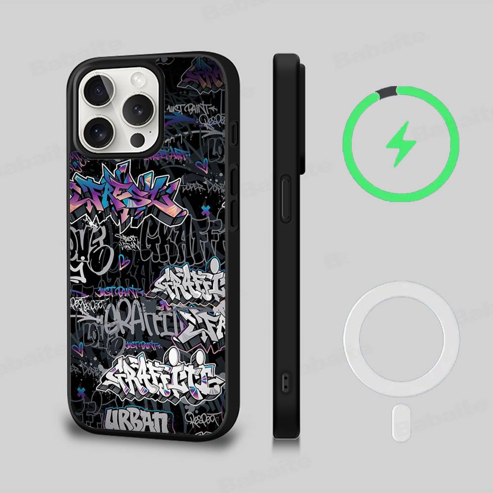 Cool Black Graffiti Phone Case For iPhone 13 14 15 11 12 16 17 Pro Max Plus For Magsafe Magnetic Shell
