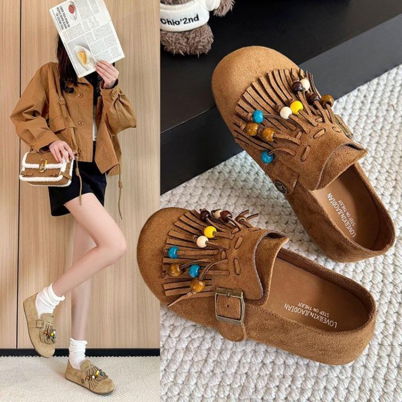 Thick-soled Tassel Women's New Autumn Niche Beaded Beaded Beanie Shoes All-inclusive Boken Single Shoes