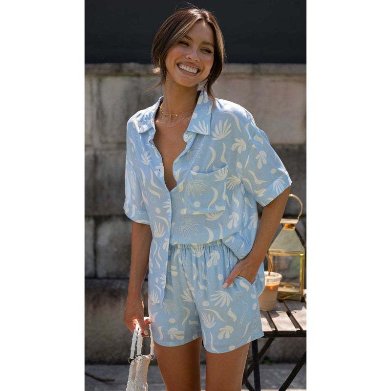 

Рубашка с принтом, свободные шорты, комплект, рубашка с лацканами, костюм из свободных шорт с принтом Sky Blue S