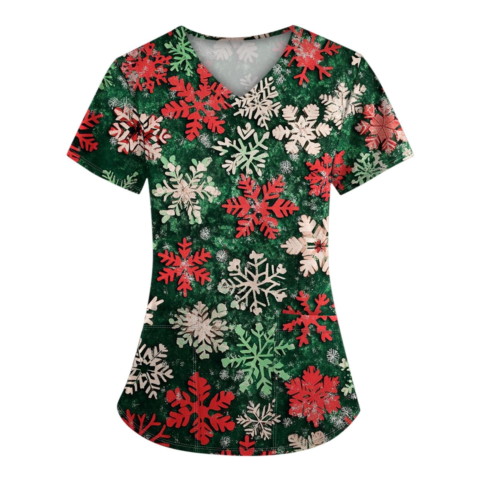 

Жіноча уніформа з різдвяним принтом і V-подібним вирізом з короткими рукавами та кишенями M