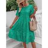 Vestido de Verão Feminino Vazado Plissado A-line Gola O Manga Curta Trompeta Vestido Midi Patchwork Cor Sólida Grande Roda Vestido de Senhora