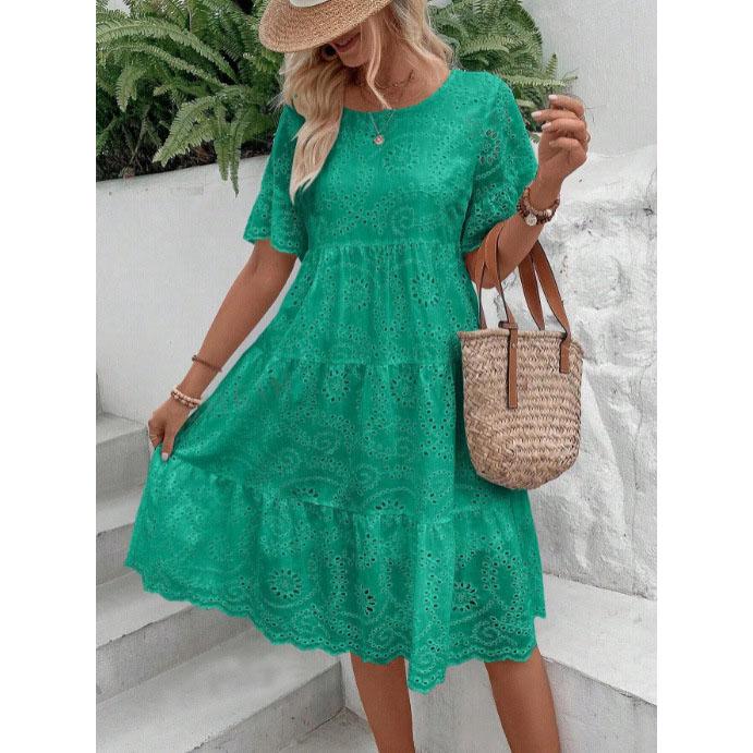 Vestido de Verão Feminino Vazado Plissado A-line Gola O Manga Curta Trompeta Vestido Midi Patchwork Cor Sólida Grande Roda Vestido de Senhora
