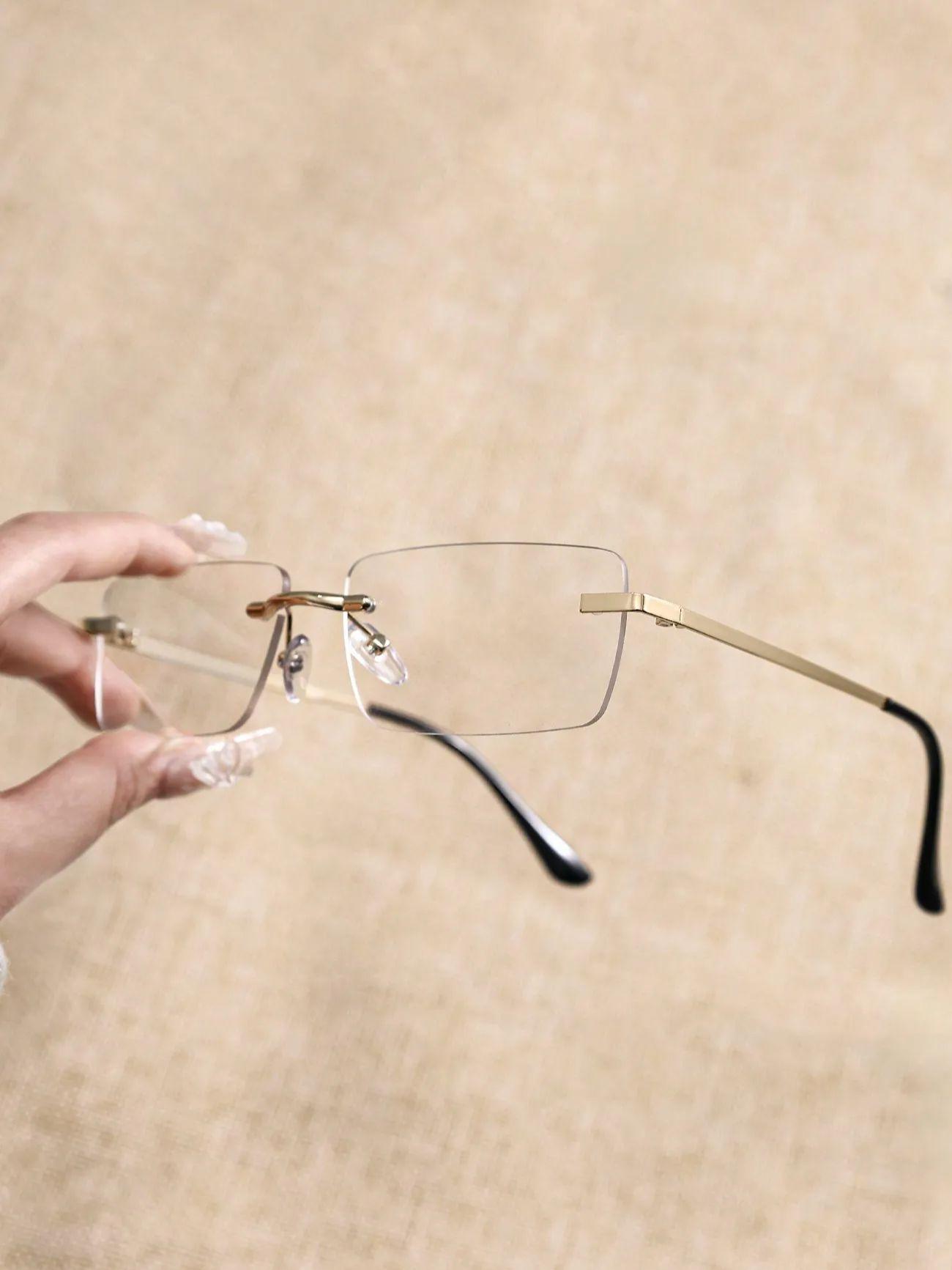 

1 шт. Металлические модные квадратные очки без оправы с защитой от синего света для ежедневного чтения в офисе, предотвращающие усталость глаз.