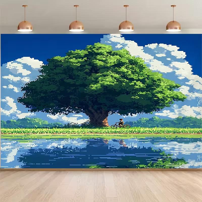 2D Pixelated Studio Ghibli Inspired Backdrop with Tree and Bicycle Background 47.2x31.5inch/120*80cm