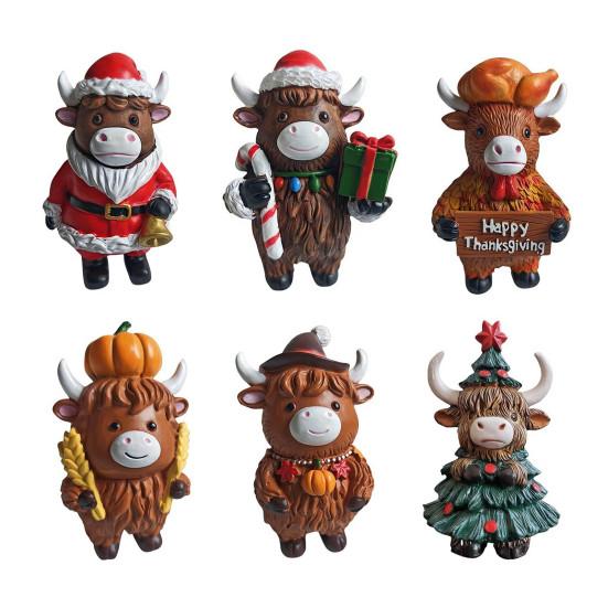 Christmas Highland Cattle Statue Thanksgiving Day Pumpkin Highland Cow Figurine Sculpture Home Office Desktop Decoration Ornament
