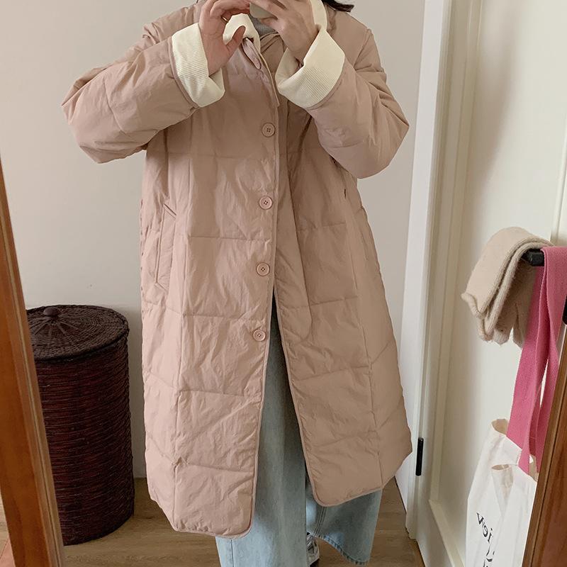 

Корейская версия вельветовый лацкан пэчворк пуховик хлопковый женский 2025 новый длинный до колена утолщенный теплый большого размера XXL