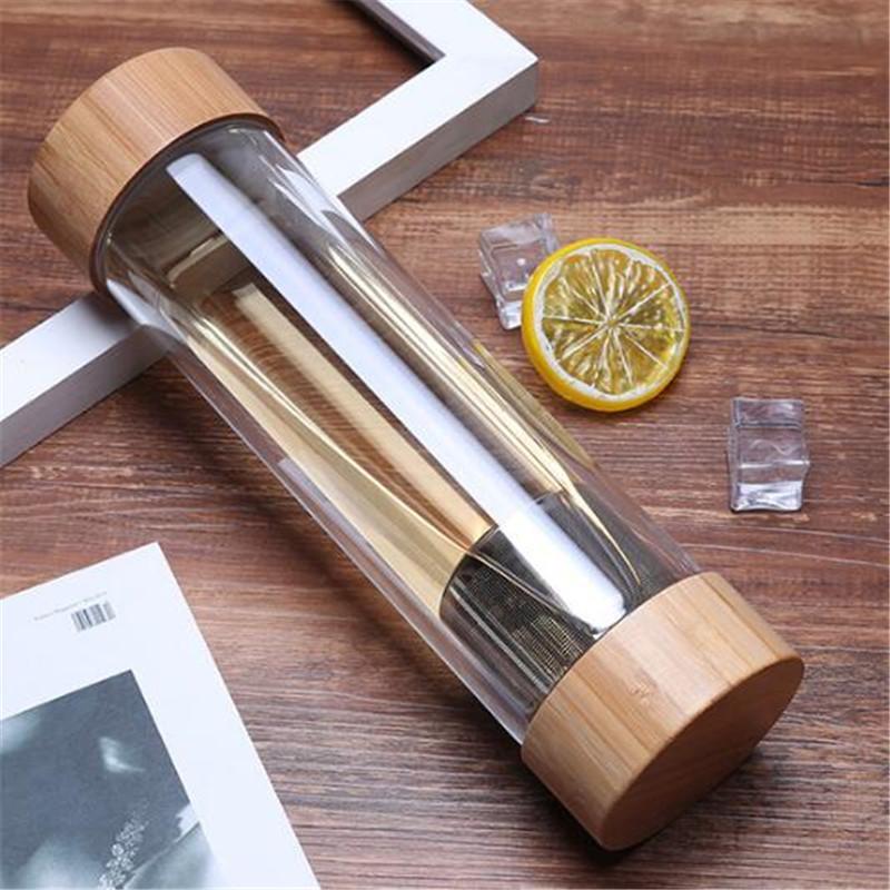 

300ml 400ml Travel Glass Water Bottle with Stainless Steel Tea Infuser Filter Double Wall Glass Sport Water Tumbler Bamboo Lid 300ml