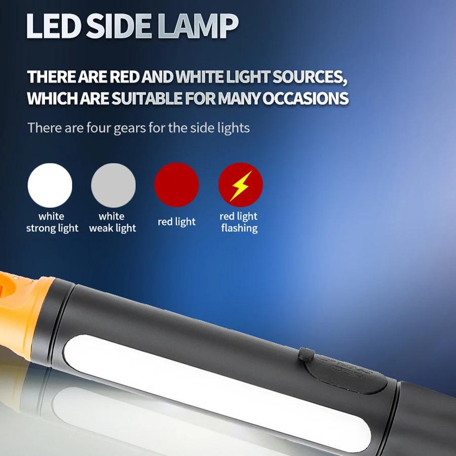 New Multifunctional Flashlight with Side Floodlights Telescopic Zoom Outdoor Portable LED Flashlight Carrying Tail Hook