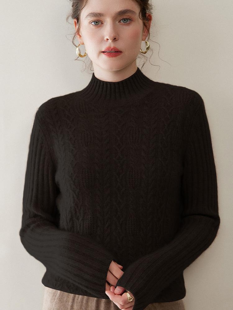 Women's Thick Cable Knit Cashmere Sweater - Half-High Neck, Long Sleeve, Solid Color Loose Fit for Fall and Winter Layering.