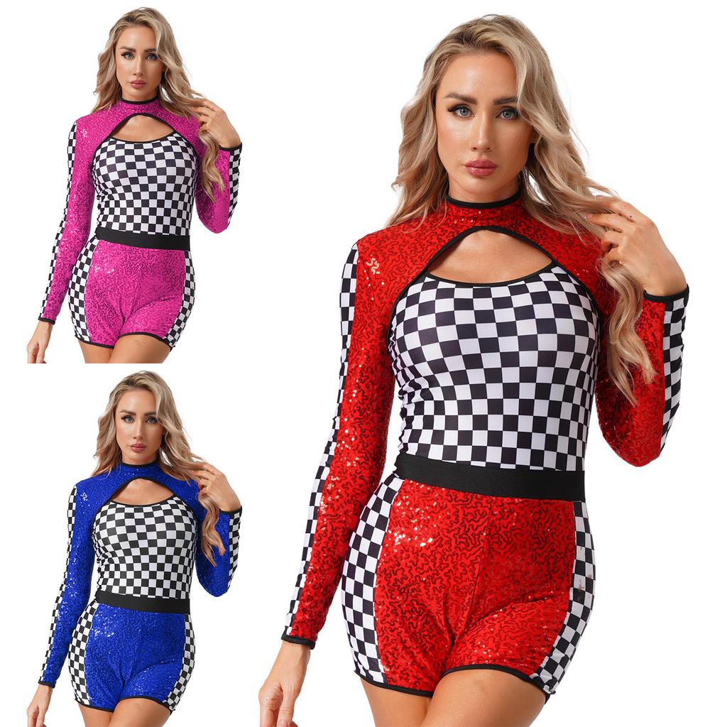 S-XXL Damen Rennfahrer Rollenspiel Tanz Jumpsuit Ausgeschnitten Vorne Hinten Langarm Glitzernde Pailletten Schachbrett Flicken Kostüm