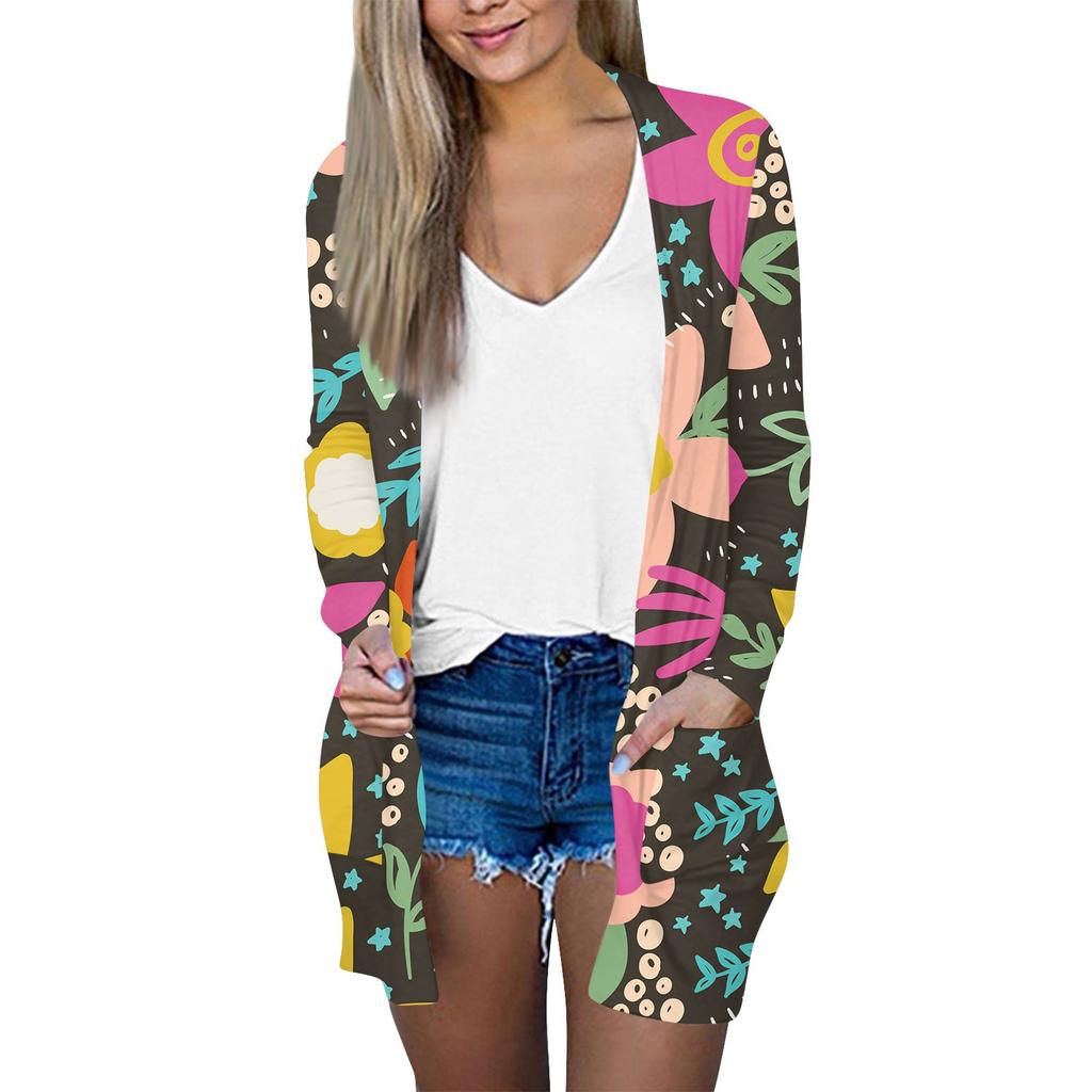 Women's Casual Fashion Floral Print Long Sleeve Mid-Length Cardigan Jacket