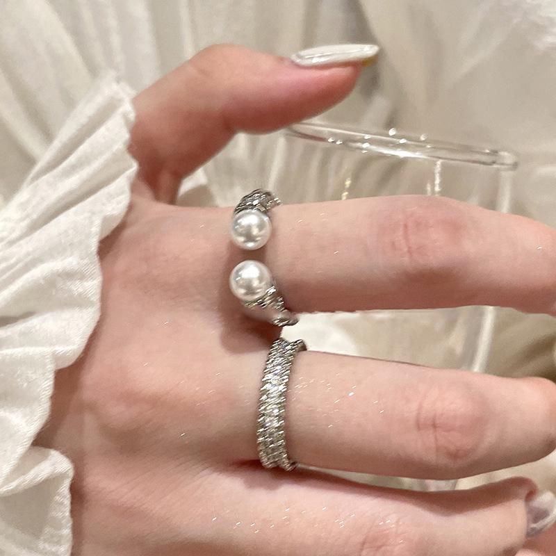Elegant Zircon Pearl Pattern Open Ring - High-End Fashion Statement Jewelry