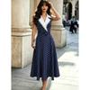 European French elegance temperament navy blue polka dot POLO neck sleeveless waist long dress