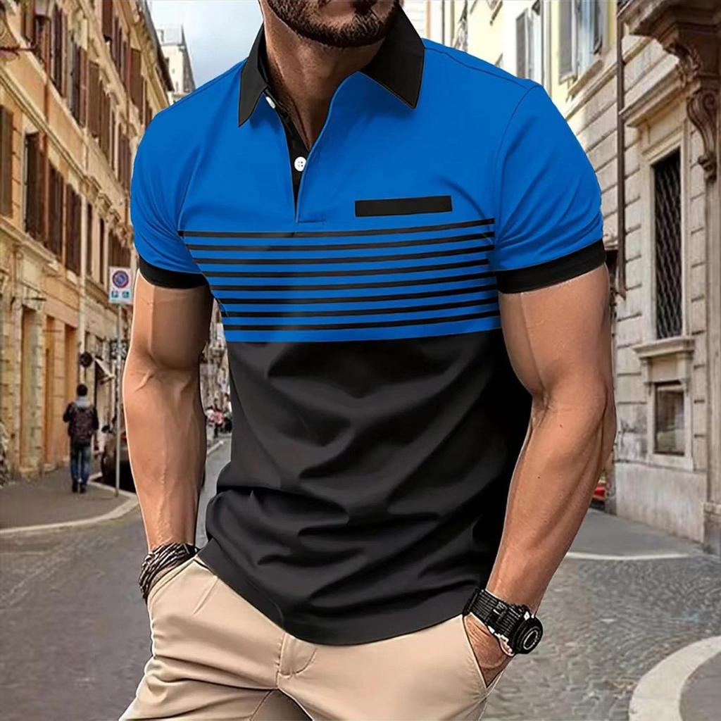 Print Stripe Polo Shirt Men Slim Fit Business Casual Turn-down Collar Polo Shirt Tops