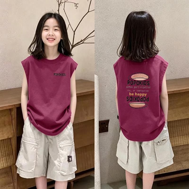 Korean Style Trendy Cartoon Cotton Vest for Girls Aged 6-12 - Stylish Summer Sleeveless T-Shirt