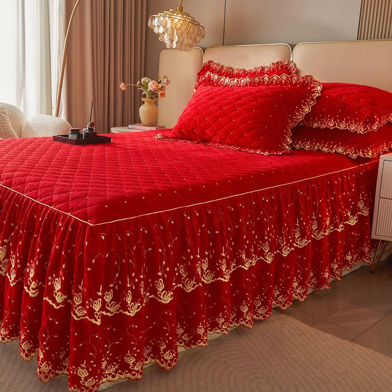 3-teiliges Modernes Luxus Makramee Bettrock Set, Einfarbig Ganzjahres Universal Rutschfestes Bettwäscheset (Bettrock *1+ Kissenbezug*2, Ohne Füllung)