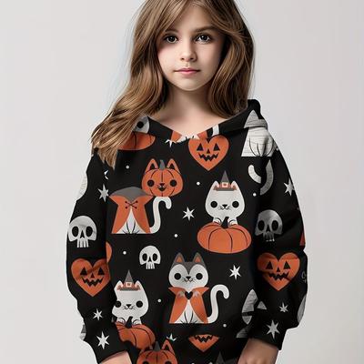 Girl's Halloween Pumpkin Cats Print Sweatshirt Hoodies For Autumn/winter, Kids Clothing