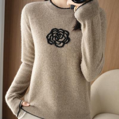 Women's Fashion Casual Flower Pattern Print Autumn Winter Long Sleeve O-Neck Loose Sweaters