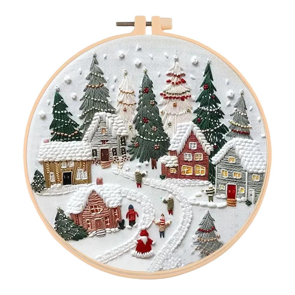 Merry Christmas Handmade Embroidery Kit for Beginners with Cotton Threads Needles Hoop and Pattern for Custom Art