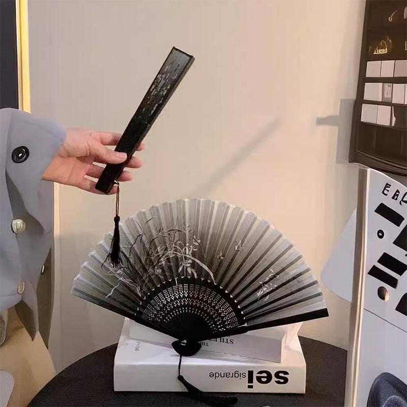 Retro Ink Orchid Silk Folding Fan Chinese Style Ancient Lotus Hand Fans Close Friend Gift Classic Hanfu Decorated Crafts