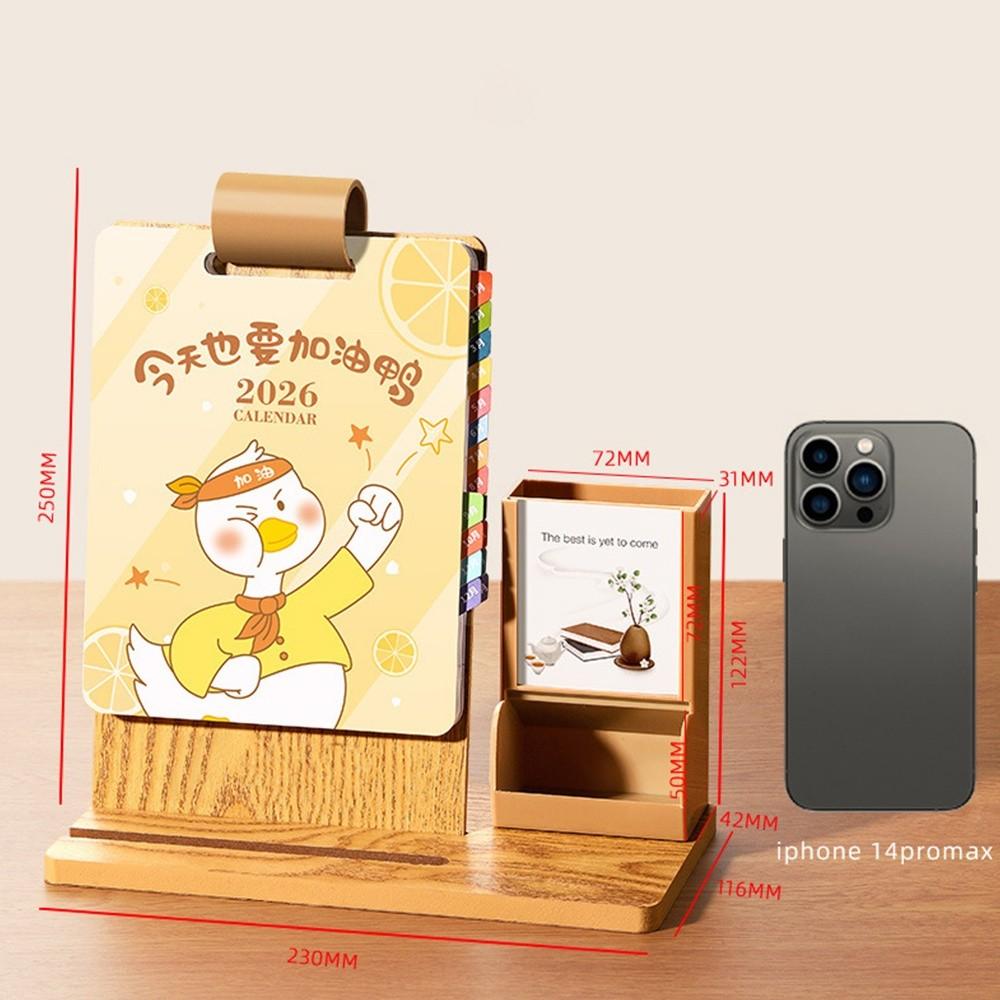 Year of The Horse 2026 Desk Calendar Student Stationery Gift Box Ornamental with Pen Holder Wooden Desktop Ornament