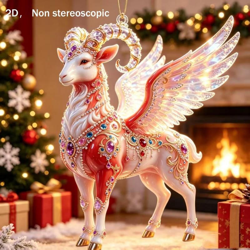 2D Red Golden Ram Christmas Hanging Ornament With Exquisite Details Glossy Finish For Christmas Tree Home Holiday Party Decorati