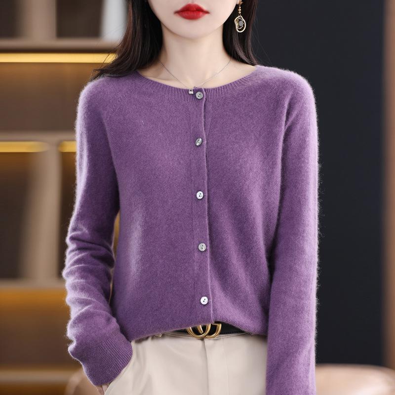Women's Round Neck Pure Wool Cardigan - Versatile Loose Fit Solid Color Sweater for Spring and Autumn