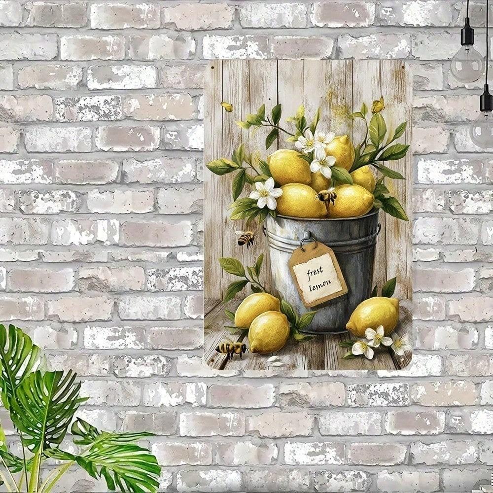 8x12 Inch Rustic Lemon Metal Sign, Vintage Iron Wall Art, Farmhouse Decor with Yellow Lemons