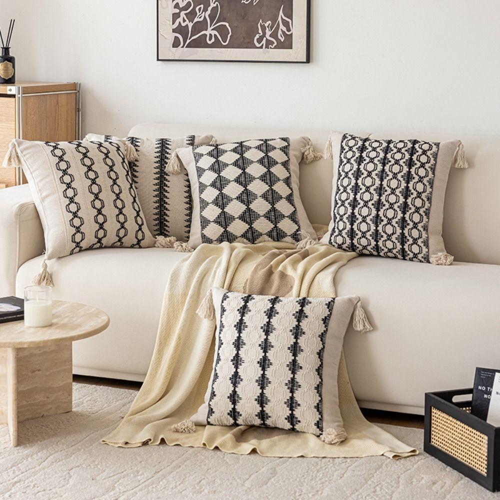 New Rustic Retro Lumbar Pillow Cover with Tassels Cotton Linen Cushion Covers Decorative Pillowcase Farmhouse Decor