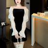 Women's Spring and Autumn New Long Sleeve French Retro Square Collar Puff Sleeve Mid-length Skirt