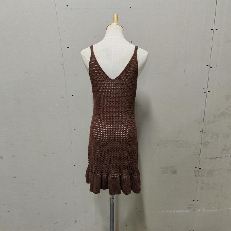 Summer Women Knitwear Knit Ruffled Hollow Out Mini Dress Female V Neck See Through Holiday Beach Casual Clothes Dress