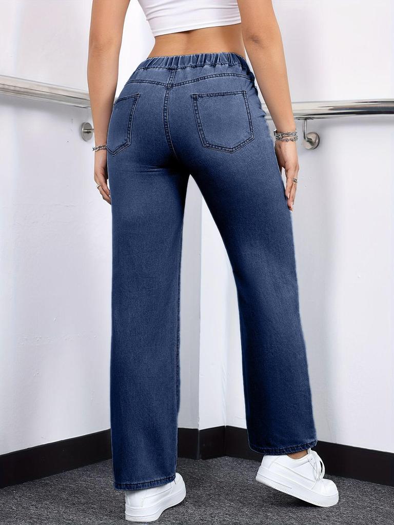 Blue Denim Stretch Pants with Elastic Waistband and Slim Straight Leg.