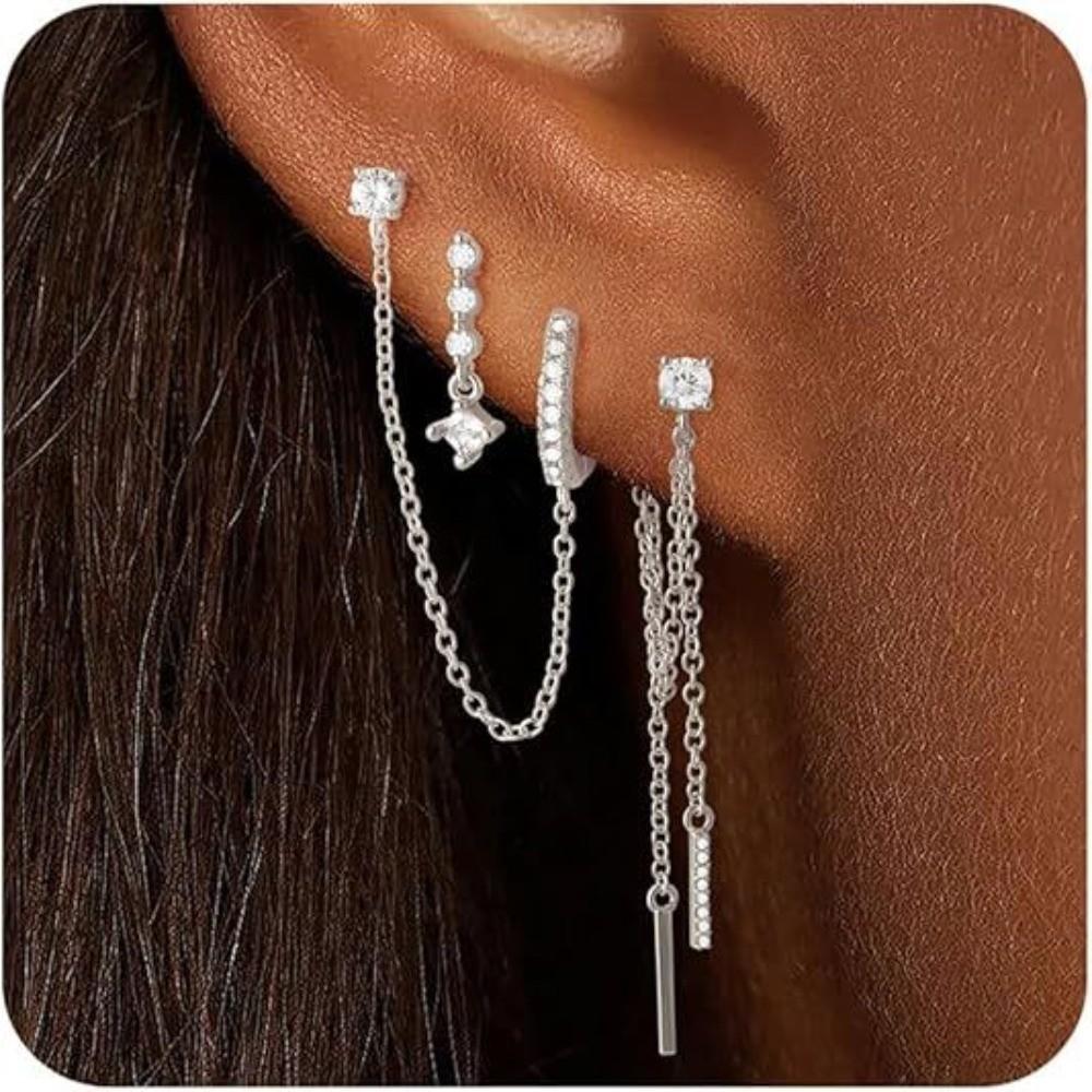 4Pcs/Set Chain Huggie Hoop Earrings Geometric Dangle Earring Set Women Accessories