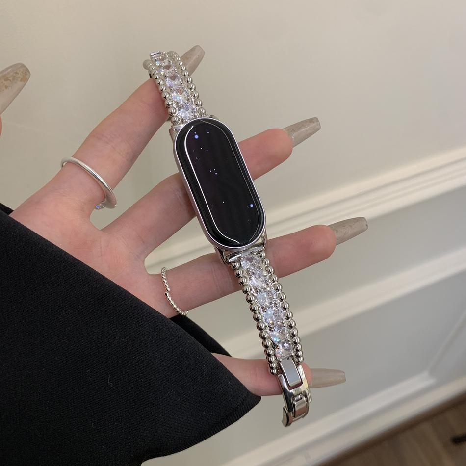 

Luxury Shiny Diamond Bangle Bracelet Strap For Xiaomi Mi Band 10 9 8 Miband 9Pro 8 Pro Wristband Fashion Copper Metal Watch Band For Mi Band 9 Pro срібний