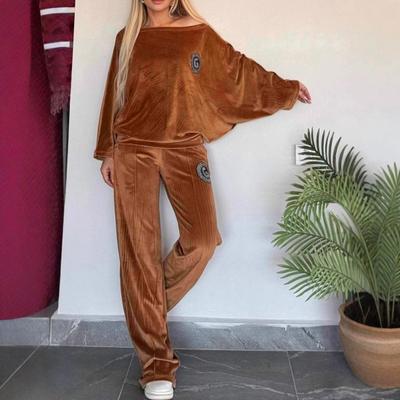 2 Pcs/Set Women Top Pants Suit Velvet Round Neck Bat Sleeves Blouse Wide Leg Solid Color Trousers Sport Casual Outfit Fall Spring Tracksuit