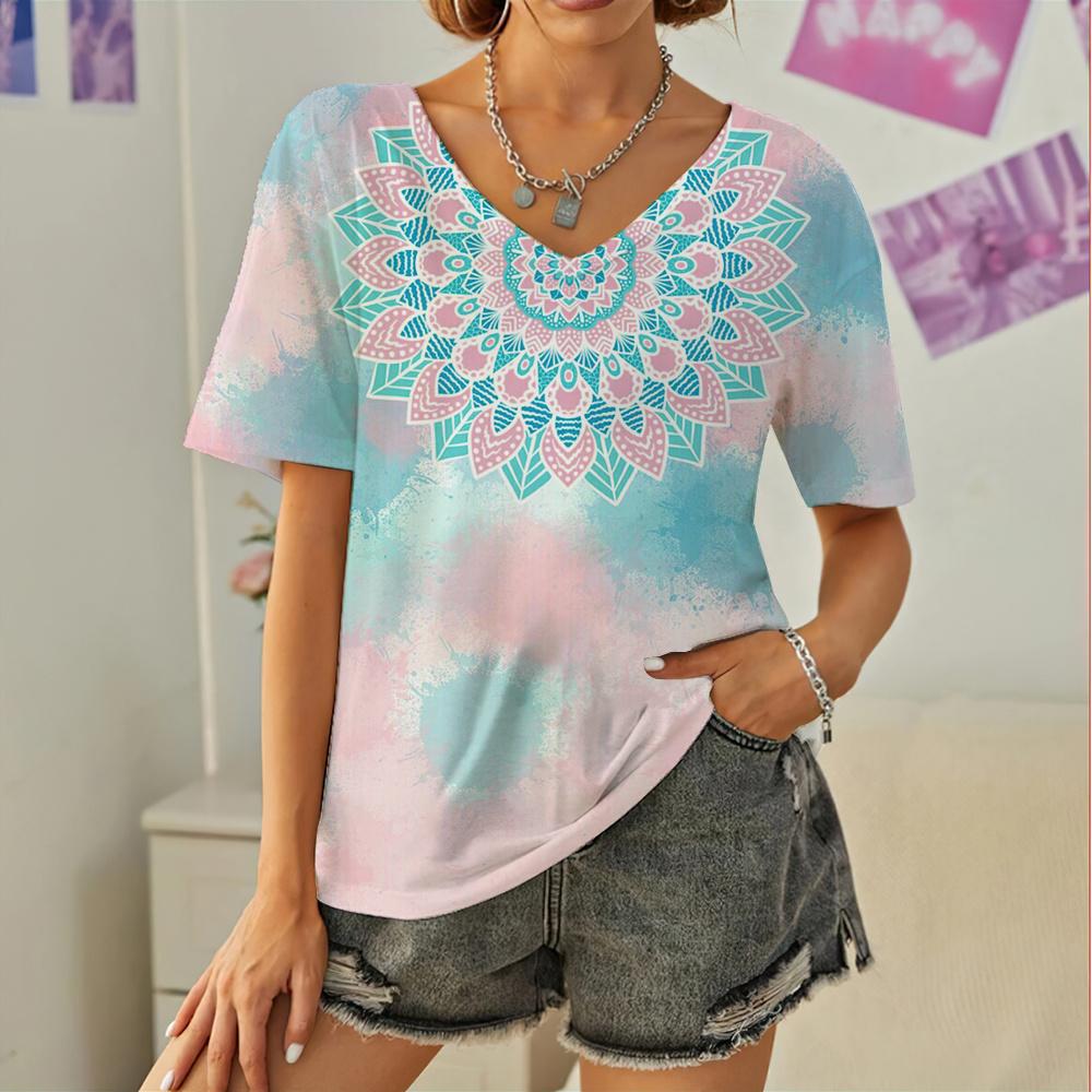 

2024 женские футболки с геометрическим графическим принтом тай-дай, дизайнерская женская блузка, топ больших размеров с v-образным вырезом, летняя рубашка, женская одежда 8XL