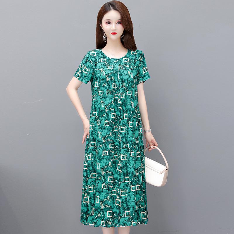 2023 Summer Floral Cotton & Rayon Dress - Stylish, Loose-Fitting, Short Sleeve for Middle-Aged & Elderly Women