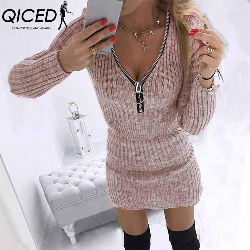 QICED S-5XL Autumn Winter Womens Wrap Skirts Zipper Waist Long Sleeve Knitted Dress Hips