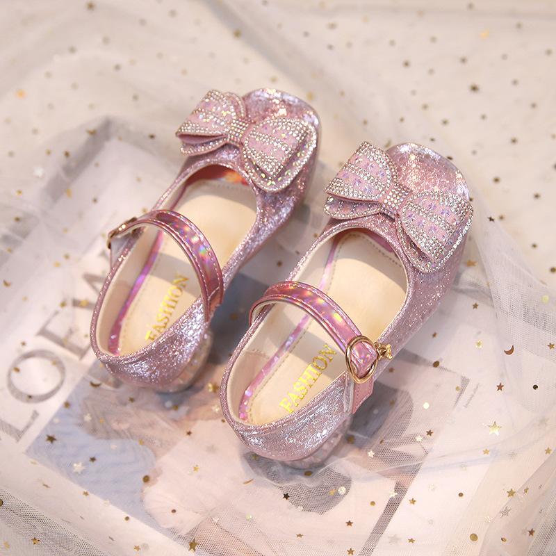 Chaussures de princesse pour filles, petites chaussures en cuir avec nœud en strass, roses, mignonnes, à fond souple, simples, sophistiquées, généreuses et élégantes pour filles