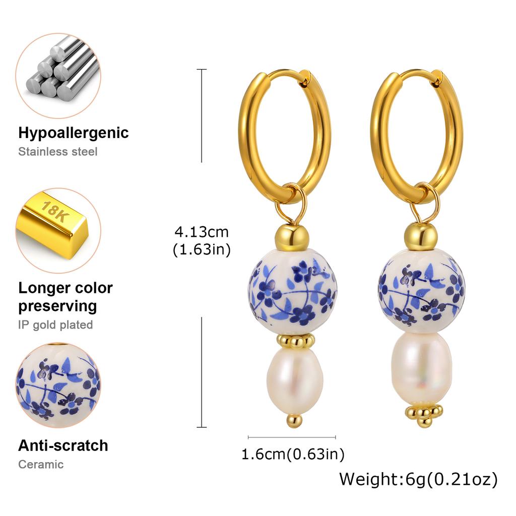 Retro Heart-shaped Porcelain Earrings for Women,Blue and White Imitation Pearl Chinese Cultural Earrings,Charm Jewelry Gifts