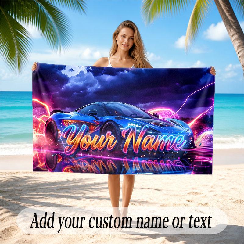 Car Racing Theme Beach Towel Personalized Custom Name & Text Soft Quick Dry Beach Towel for Swimming Travel