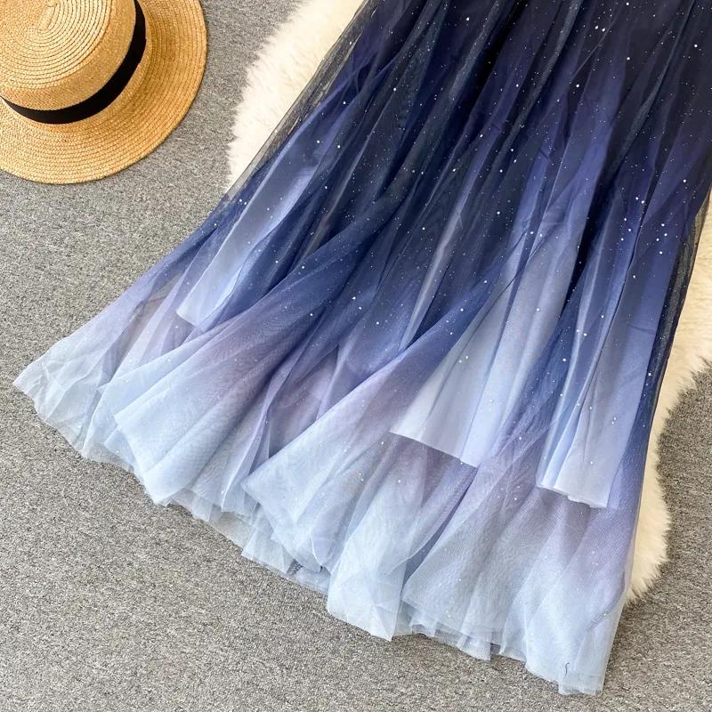 Spring Summer Elegant Women's Gradient Color Mesh Half Skirt Temperament High Waist Leisure Ladies A Pleated Skirt