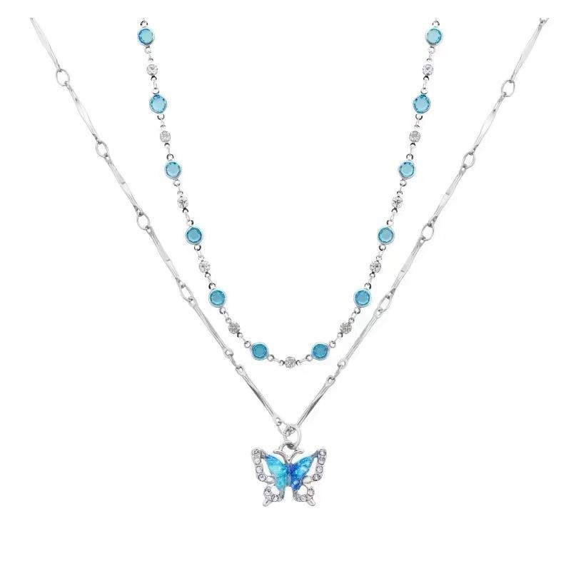 

Summer blue double-layer butterfly zircon necklace, female personality stacks high-end neck chain temperament light luxury collarbone chain