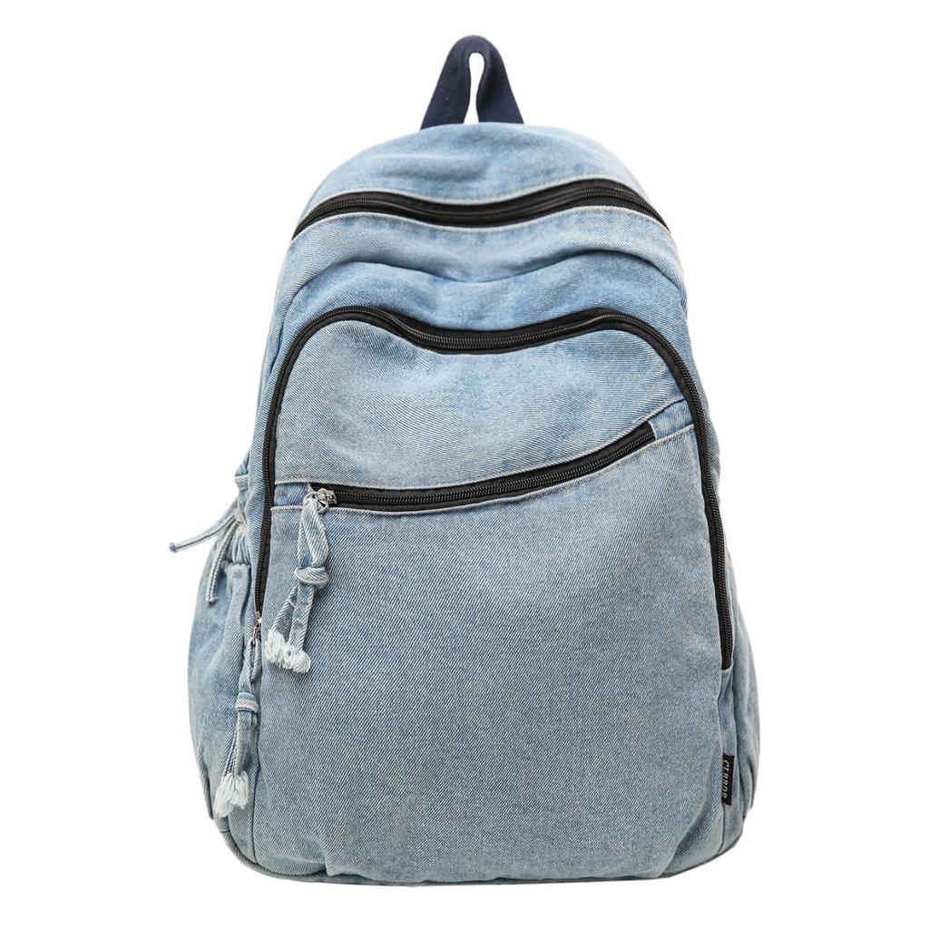 Denim Backpack Student Schoolbag Solid Color Backpack