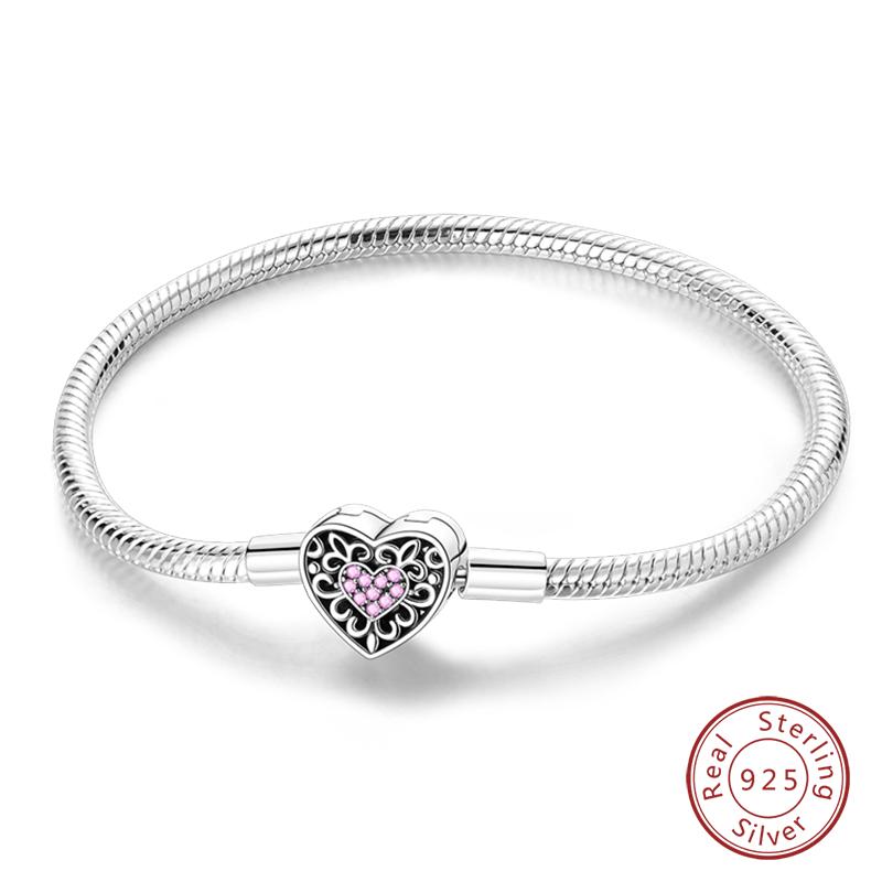 925 Silver Heart Shaped Series Love Forever Shining Zircon Bracelets Fit DIY Charm Beads Birthday Jewelry Gift