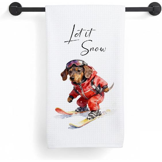 Winter Skiing Golden Retriever Kitchen Towels, Ski Lover Gifts Dish Tea Towels, Gifts for Golden Retriever Lovers Decorative Hand Towel for Kitchen Dachshund