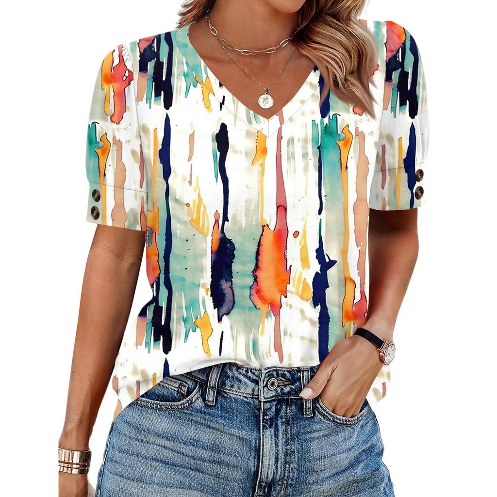 Damen Tops Kurzarmhemden Knöpfe V-Ausschnitt Mode Outfits Blusen Lässig