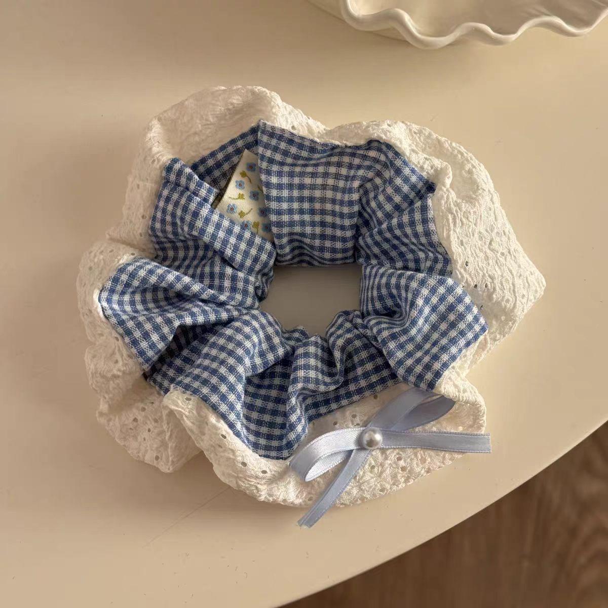 Blue Plaid Lace Double-Sided Bow Hair Tie