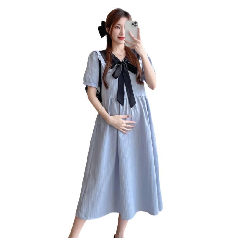 2026 Summer College-Style Maternity Dress with Doll Collar – Slimming, Flaw-Concealing, and Mid-Length Design